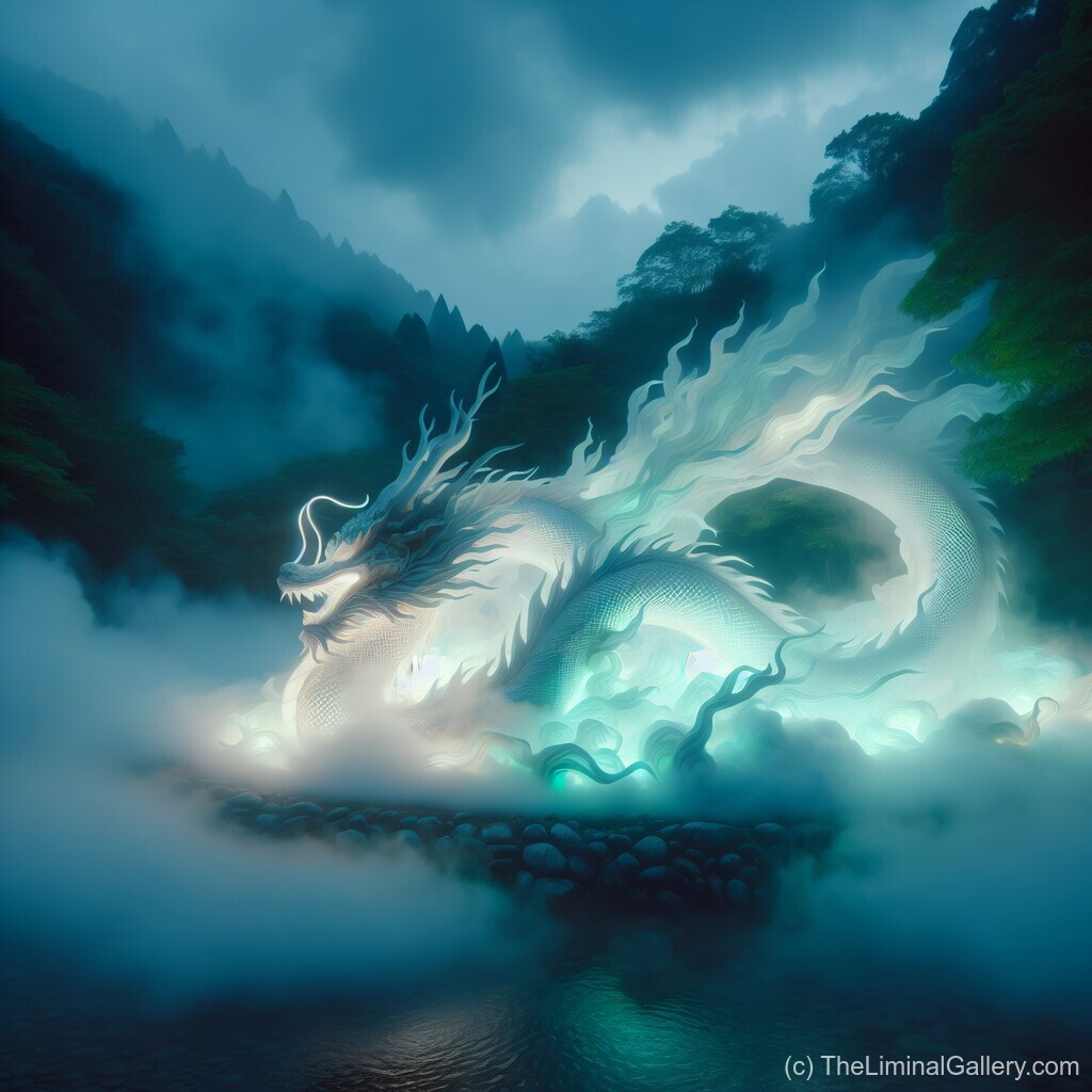 The majestic Mist Dragon emerges from swirling fog in an ethereal landscape, embodying mystery, power, and the allure of mythical creatures.